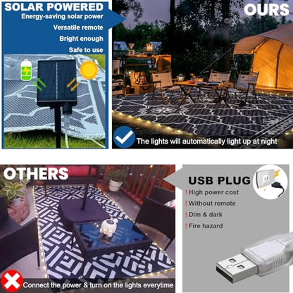 Lighted Outdoor Rug 8x10 ft, Solar Powered Patio Rug with 113 LED Lights, Waterproof Plastic Reversible Outdoor Straw Rugs, Rugs Mat for House Deck RV Camping Patio Beach Balcony Picnic (Blue White)