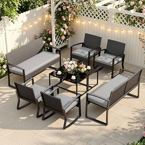 Ahomly 8 Piece Wicker Patio Furniture Set with Rocking Chairs, Grey