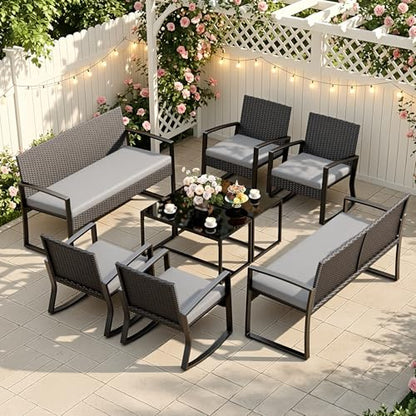 Ahomly 8 Piece Wicker Patio Furniture Set with Rocking Chairs, Grey