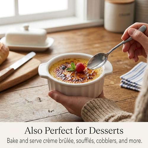 12 oz Ramekins Oven Safe, French Onion Soup Bowls with Handles, Ceramic Small Baking Dishes for Crème Brûlée, Soufflé, Pot Pie & Mini Casserole, Set of 4