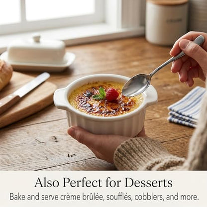 12 oz Ramekins Oven Safe, French Onion Soup Bowls with Handles, Ceramic Small Baking Dishes for Crème Brûlée, Soufflé, Pot Pie & Mini Casserole, Set of 4