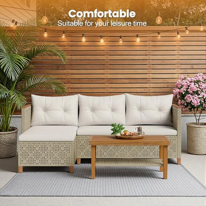Devoko Wicker Patio Furniture Set, 3 Pieces Outdoor Sofa with Tufted Pillow,PE Rattan Small Sectional Couch Set for Backyard, Deck,Porch & Poolside(Brown)