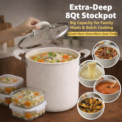 24Pcs Pots and Pans Set Non Stick,Ceramic Cookware Set with 8Qt Stockpot,Titanium-Reinforced Long-Lasting Nonstick,PFAS-Free,Induction Compatible,Complete Kitchen Set for Batch Cooking & Family Meals