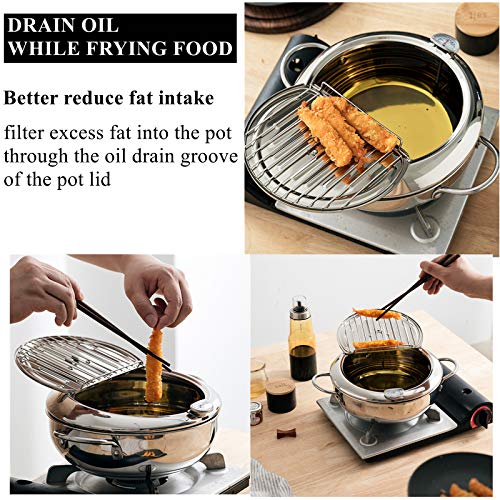 Yopay 304 Stainless Steel Deep Fryer Pot, Frying Chicken Pot, Tempura deep Fryer with a Thermometer and a lid, Japanese Style Tempura Fryer Pan,2.2L
