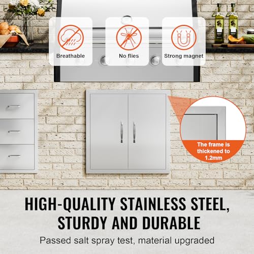 VEVOR BBQ Access Door, 24W x 24H Inch Double Outdoor Kitchen, Stainless Steel Flush Mount Door, Double Wall Vertical with Handles and Hooks, for BBQ Island, Grilling Station, Outside Cabinet