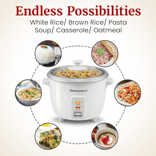 Elite Gourmet ERC-003X Electric Rice Cooker with Automatic Keep Warm Makes Soups, Stews, Grains, Hot Cereals, 6 Cups Cooked (3 Cups Uncooked), White