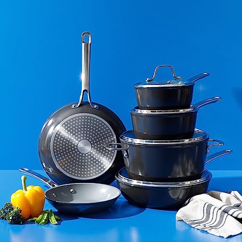 Sur La Table Kitchen Essentials 10 Piece PFA Free Titanium Ceramic Nonstick Interior Forged Aluminum Cookware Pots and Pans Set - Black - Induction Compatible