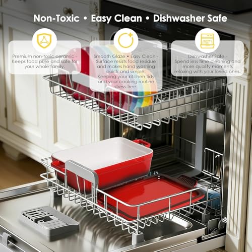 ACMLIFE Ceramic Casserole Dishes with Lids, Baking Dish for Oven with Lid, Stoneware Rectangular Dish 4 Pcs Set, Red 2-in-1 Bakeware Set (13"x8"+8"x6"), Large 3.06 Qt & Small 0.95 Qt Ceramic Bakeware, Casserole Dishes for Oven Baking Pan with Handles, Ide