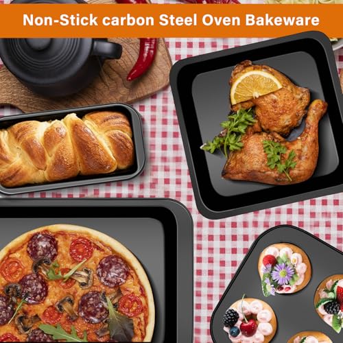 ZMKELE 6-Piece Carbon Steel Bakeware Set, Nonstick Baking Pans with Cookie Sheet, Deep Roaster, Square Pan, Loaf Pan, Muffin Pan for Cooking,Baking Pans Set (black)