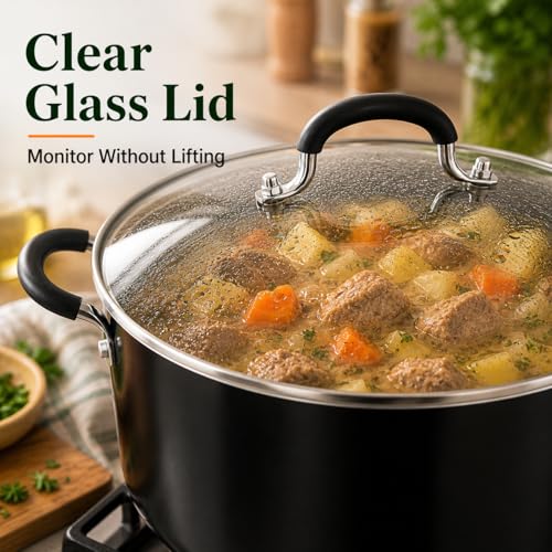 Alpine Cuisine 10Qt Aluminum High Stock Pot with Glass Lid, Nonstick Black Coated Cooking Pot, Large Capacity Soup & Pasta Pot with Handles, Durable & Lightweight Cookware for Family Meals