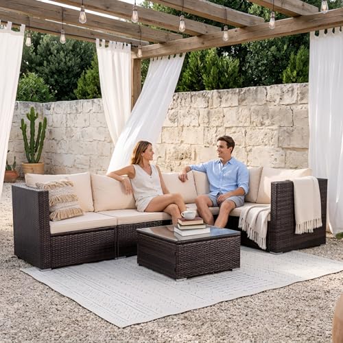 HOMEZILLIONS 6 Piece Outdoor Patio Furniture Sets, Modular Wicker Sectional Patio Furniture with Tempered Glass Coffee Table, Outdoor Sectional Sofa Set for Backyard, Poolside, Deck