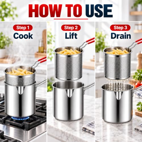 Stainless Steel Mini Fryer, Portable Fryer,Deep Stainless Steel Fryer,Includes Stainless Steels Pot,Removable Strainer Basket And Clips,Suitable For Frying French Fries,Chicken,Bacon