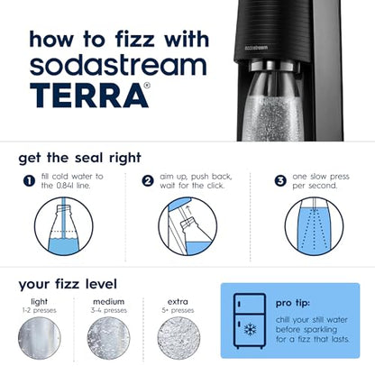 SodaStream TERRA Sparkling Water Maker, Value Bundle, CQC CO2 System, Includes 2 Quick Connect 60L CO2 Cylinders, 3 Dishwasher Safe BPA Free Bottles, 2 bubly Flavor Drops, Make your own Pepsi, Black