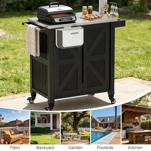 IWDOO Outdoor Kitchen Island with Storage Cabinet, Movable Grill Cart with Stainless Steel Countertop, 4 Swivel Wheels, PP Material Rolling BBQ Food Prep Table Cart for Patio, Poolside, Black