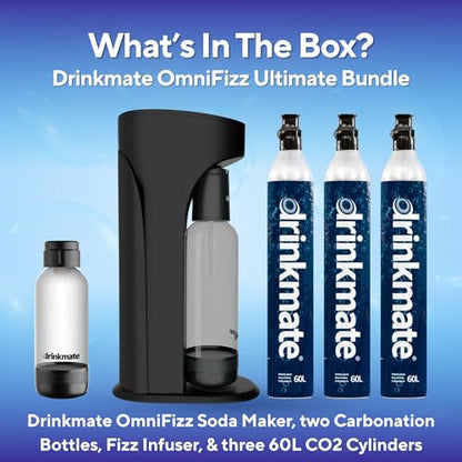 Drinkmate OmniFizz Sparkling Water Maker & Soda Streaming Machine | Carbonates Any Drink | ULTIMATE BUNDLE | Includes Three 60L CO2 Cartridges + Two BPA-Free Bottles (Matte Black)