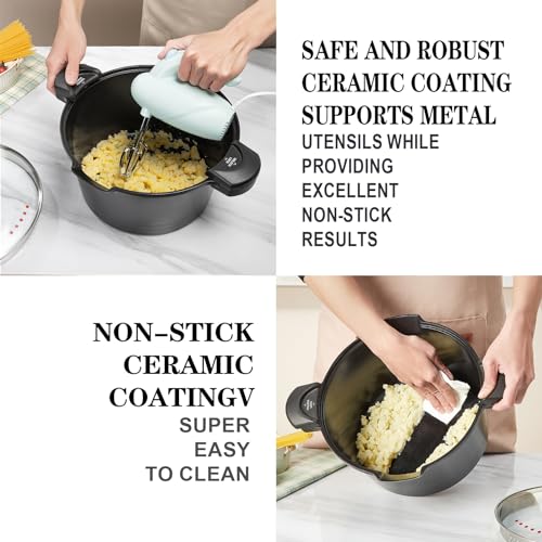 5qt Pasta Pot with Strainer Lid, Cast Aluminum Stockpot Multipot, Nonstick Ceramic Coating make Cleanup easy with Tempered Glass Lid, Dishwasher Safe, Induction, Black