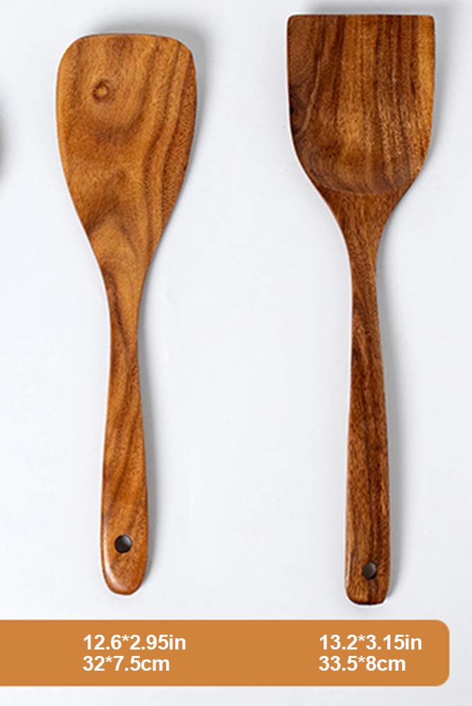 Wooden Spatulas, 2 PCs Natural Acacia Wooden Cooking Utensils Set for Non-stick Pan Kitchen Tool, flipping and Wok Spatula, Wooden Spoons & Spurtle for Cooking