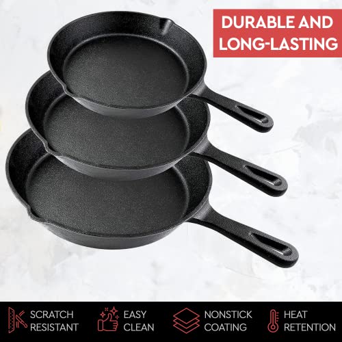 Simple Chef Cast Iron Skillet 3-Piece Set - Heavy-Duty Professional Restaurant Chef Quality Pre-Seasoned Pan Cookware Set - 10", 8", 6.1" Pans - For Frying, Saute, Cooking, Pizza & More,Black