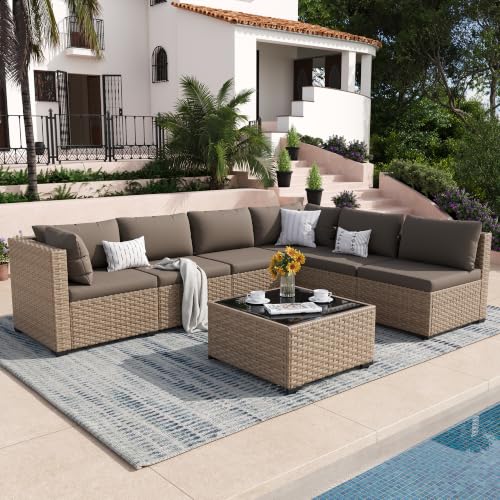 VONZOY Patio Furniture Set, 7-Piece Outdoor Wicker Sectional Sofa, Brown