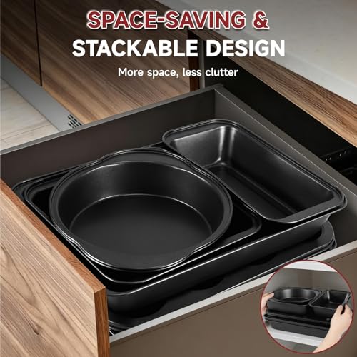 Unokit 8-Piece Nonstick Baking Pans Set - Stainless Steel Bakeware Set Stackable Trays with Cookie Sheets, Cake, Loaf, Round & Square Pan and Cooling Rack, Dishwasher & Oven Safe