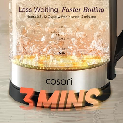 Cosori Electric Kettle, No Plastic Contact With Water, Wide Mouth For Easy Cleaning, Auto Shut Off, 1.7L Tea Kettle & Hot Water Boiler, Water Heater & Teapot, Borosilicate Glass, Black, 1500W