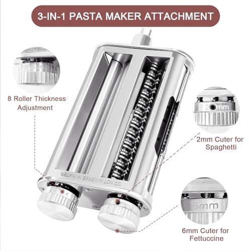 Pasta Maker Attachment for KitchenAid Stand Mixers, 3-in-1 Stainless Steel Pasta Roller & Cutter Set with Spaghetti and Fettuccine Blades, Includes 1 Metal Knob Screw Replacement