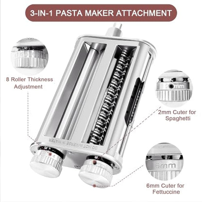 Pasta Maker Attachment for KitchenAid Stand Mixers, 3-in-1 Pasta Roller & Cutter Set with Spaghetti and Fettuccine Cutter Blades, Adjustable 8 Thickness Settings, Durable Metal Construction