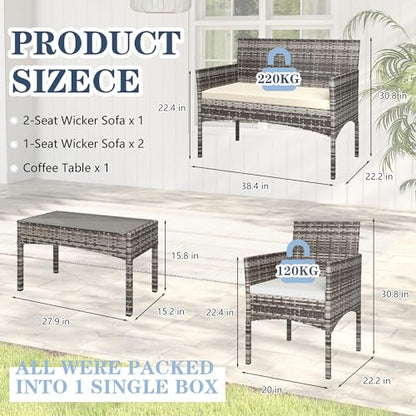 BUPPLEE 4 Pieces Patio Furniture Set, Outdoor Wicker Rattan Patio Conversation Furniture Set with Waterproof Cushion and Table for Lawn Poolside Backyard Garden Balcony Porch