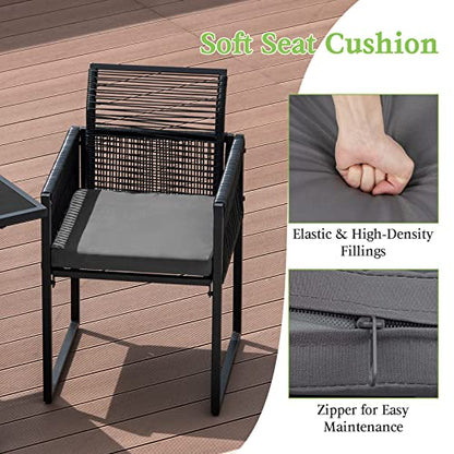 Tangkula 3 Pieces Outdoor Dining Set, Patio PE Rattan Furniture Set with Folding Backrest, Cozy Seat Cushions, Tempered Glass Tabletop, Space-Saving Rattan Chair Table Set for Backyard, Poolside