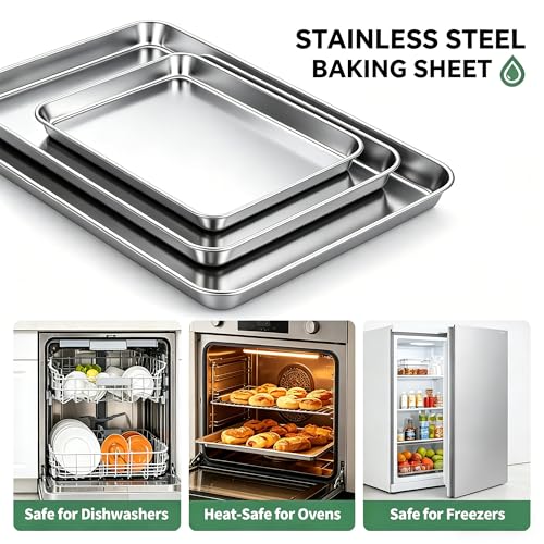 JNDALNG Stainless Steel Cookie Sheet for Baking Set of 3, Stainless Steel Baking Sheet, 9" 12" 16" Sheet Pans, Non Stick, BPA Free, Dishwasher Safe, Durable and Easy Clean (Set of 3-9,12,16”)