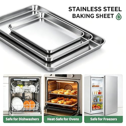 JNDALNG Stainless Steel Cookie Sheet for Baking Set of 3, Stainless Steel Baking Sheet, 9" 12" 16" Sheet Pans, Non Stick, BPA Free, Dishwasher Safe, Durable and Easy Clean (Set of 3-9,12,16”)