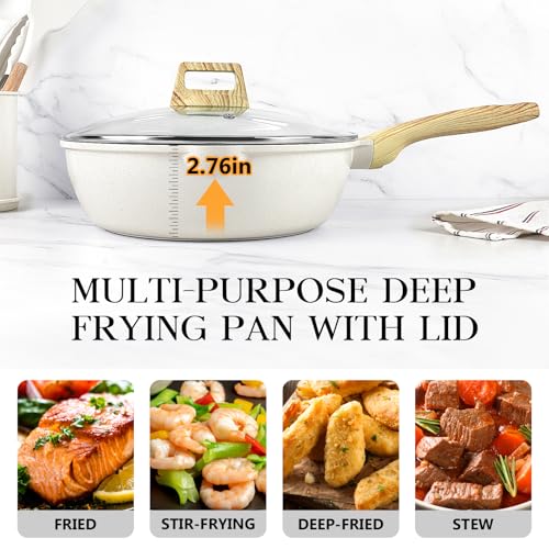 GiPP Nonstick Deep Frying Pan Skillet, 9.5" Saute Pan with Lid, Granite Induction Cookware Non Stick Cooking Pan, PFOA PFOS APEO Free, White