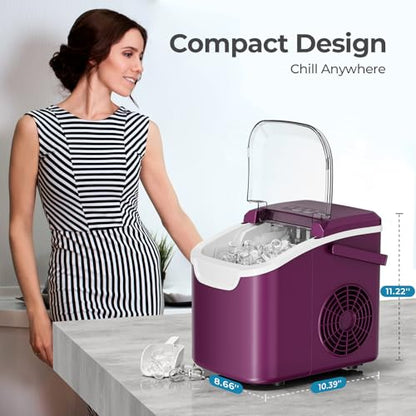 Countertop Ice Maker Machine, 8 Ice Cubes in 6 mins, 26lb/Day Bullet Ice with 2 Sizes- Portable Mini, Energy Saving & Basket/Scoop for Home/Party/Travel/Camping/Bar,Purple