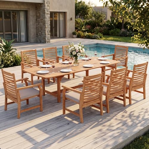 Sophia & William Patio Outdoor Table and Chairs Set, Patio Dining Sets for 8, 9 Pieces Patio Table Set for Backyard Deck Porch Outside, Acacia Wood Table Expandable with Hole and Chairs