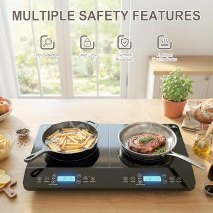 HOBCYCLE Double Induction Cooktop 2 Burner, 1800W Portable Electric Stove with 9 Temperature Settings, LED Display, Safety Lock & Timer, 110v-120v Induction Burners for Kitchen, RV