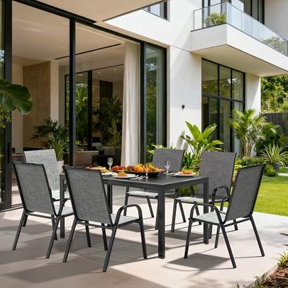 Pamapic Outdoor Dining Sets for 6, Rectangular Steel Slat Table with 6 Textilene Chairs, 7 Piece Patio Table and Chairs Set with Umbrella Hole for Patio, Backyard, Poolside (Grey, No Umbrella)