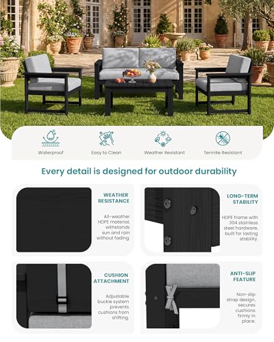 SERWALL HDPE Outdoor Loveseat with Cushion, Outdoor Sectional Furniture Set