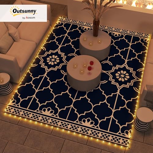 Outsunny Reversible Outdoor Rug Carpet with LED Lights, 12' x 9' PP Straw Rug, Portable RV Camping Mat with Carry Bag and Ground Stakes for Backyard, Deck, Picnic, Beach, Dark Blue and White