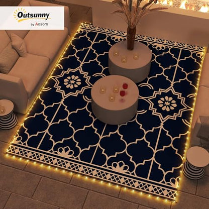 Outsunny Reversible Outdoor Rug Carpet with LED Lights, 12' x 9' PP Straw Rug, Portable RV Camping Mat with Carry Bag and Ground Stakes for Backyard, Deck, Picnic, Beach, Dark Blue and White