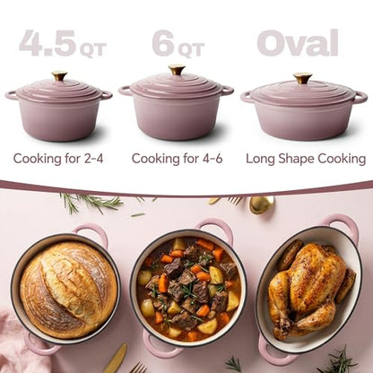 Vintage Style 4.5 Quart Dutch Oven Pot with Lid, Non Stick Enameled Cast Iron Dutch Oven for Bread Baking, Heavy-Duty, Oven Safe Ceramic Cookware Up to 500°F for Baking, Braising, Stews, Roasting, Pink