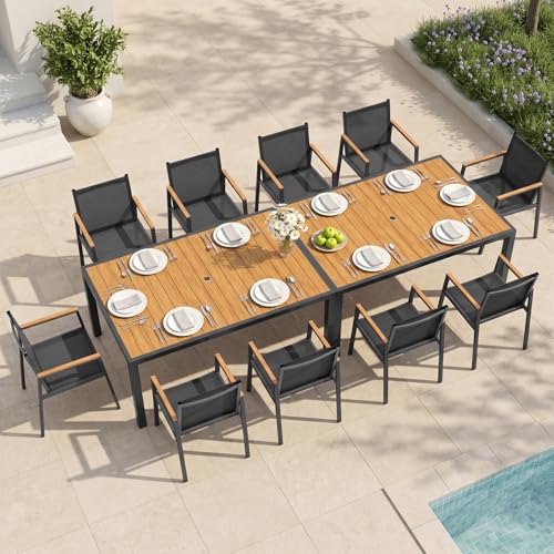 Oasbira Outdoor Dining Set for 10, Aluminum Patio Table and Chairs Set, 12-Piece All Weather Patio Dining Furniture Set with Umbrella Hole for Backyard, Deck, Poolside (Gray-Teak)