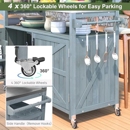 Karzibo 53.4" Farmhouse Outdoor Kitchen Island, Solid Wood Rolling Grill Cart with Stainless Steel Top, Raised Shelf, Internal Storage Rack, Adjustable Shelf & Spice Rack (Grey Blue)