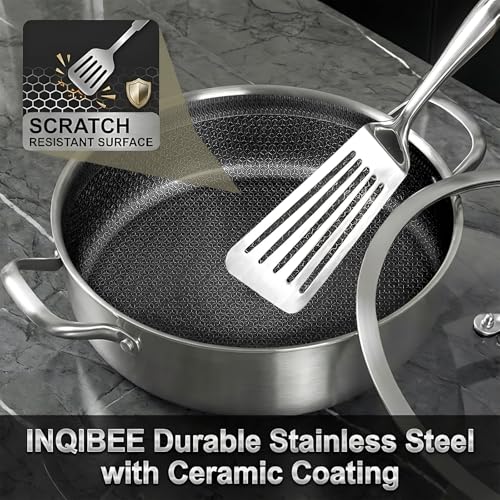 Inqibee 5 QT Hybrid Nonstick Saute Pan with Lid, Tri-Ply Stainless Steel 12 Inch Deep Frying Pan Cookware, PFOA & PFOS Free, Induction Compatible, All Cooktops, Oven & Dishwasher Safe