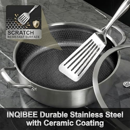 Inqibee 5 QT Hybrid Nonstick Saute Pan with Lid, Tri-Ply Stainless Steel 12 Inch Deep Frying Pan Cookware, PFOA & PFOS Free, Induction Compatible, All Cooktops, Oven & Dishwasher Safe