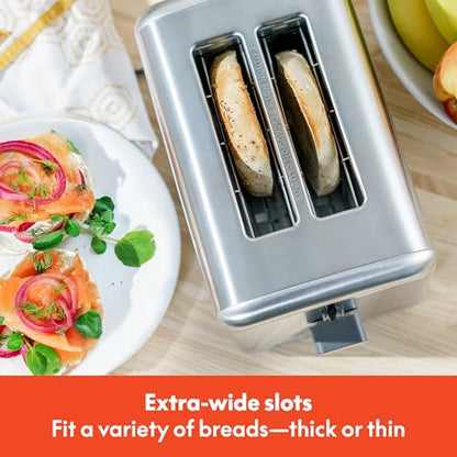 bella Stainless Steel 2 Slice Toaster with Extra Wide Slots & Removable Crumb Tray - 6 Browning Options, Auto Shut Off & Reheat Function - Toast Bread, Bagel & Waffle