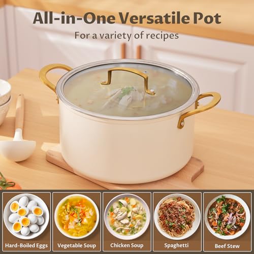 BEZIA 10 Quart Cooking Pot with Ceramic Coating, Non-Stick Stock Pot with Tempered Glass Lid, Large Soup Pot with Stainless Steel Handle, Induction Compatible Stockpot, Dishwasher Safe, Cream