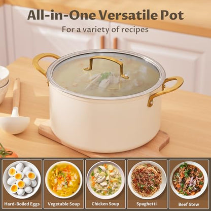 BEZIA 6 Quart Stock Pot with Lid, Ceramic Nonstick Cooking Pot, Soup Pot with Stainless Steel Handle, Tempered Glass Lid, Induction Compatible for Pasta, Soup, Spaghetti, Dishwasher Safe, Cream