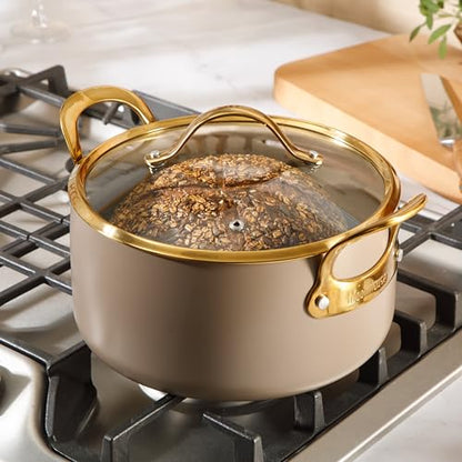 Bloomhouse - Two Time Oprah's Favorite Things Winner - 6 Quart Heavy Duty Aluminum Premium PFA Free Ceramic Nonstick Dutch Oven Pot with Lid - Cappuccino Cream with Gold Handle