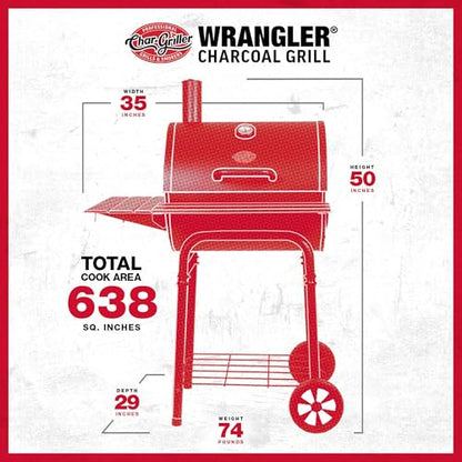 Char-Griller® Wrangler® Charcoal Grill in Black with Metal Shelves, EasyDump™ Ash Pan, Premium Wood Front and Side Shelves with Utensil Hooks, 640 Cooking Square Inches in Black, Model 2823