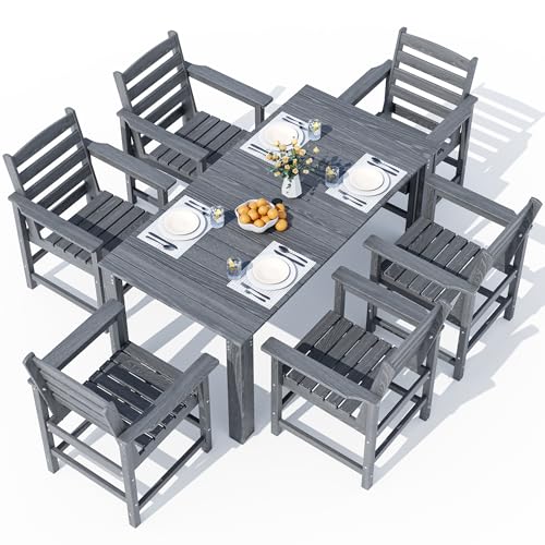 PamapicLife Outdoor HDPE Dining Table Set, 7-Piece Outdoor Dining Table Sets, Wood Grain Patio Furniture Sets with Umbrella Hole for Porch, Backyard, Gray